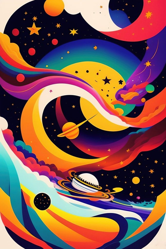 a colorful space scene with planets and stars