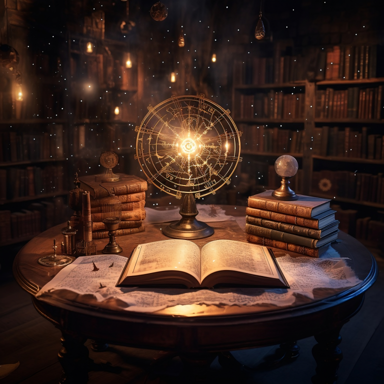 An old book rests on a table beside a globe and several other books, creating a scholarly atmosphere.