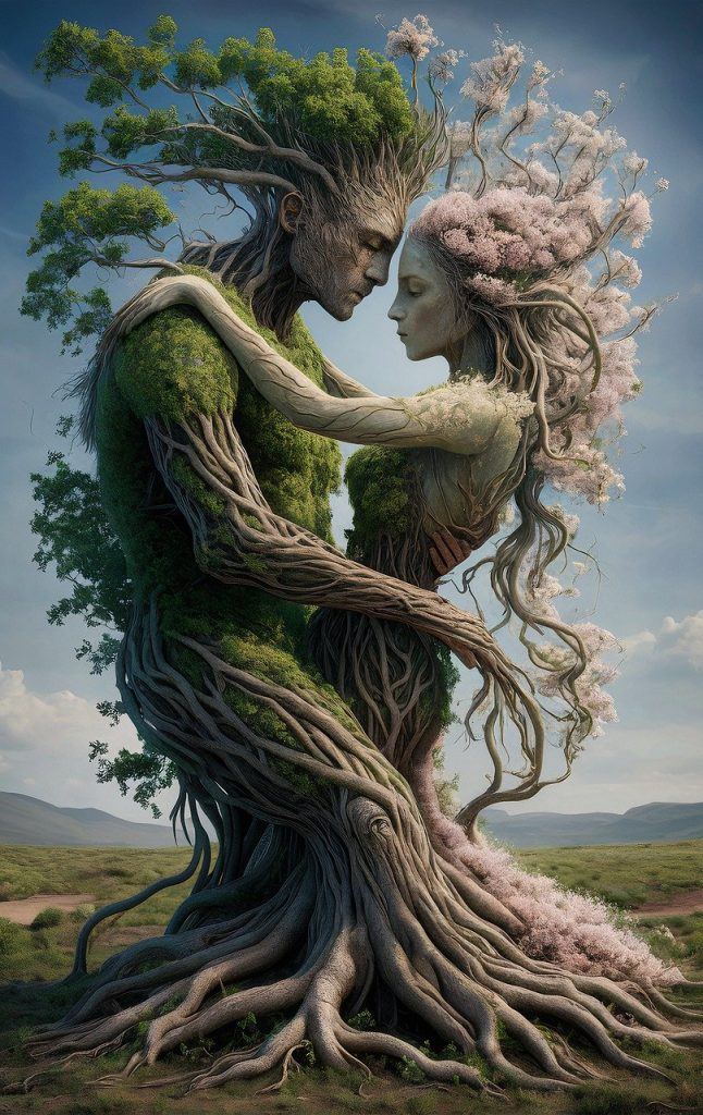 a man and woman with tree branches