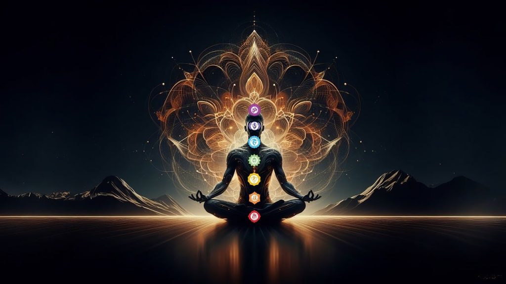 a person sitting in a lotus pose with seven chakras