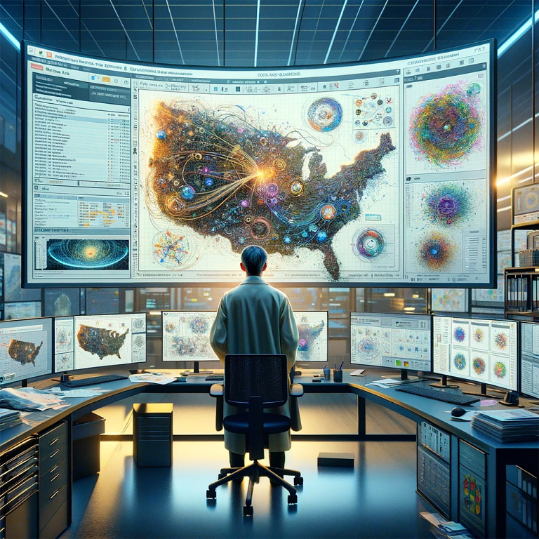 A man sits in front of a computer desk, focused on multiple monitors displaying various data and information.